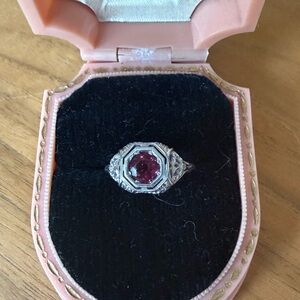 Art Deco Pink Garnet 14K White Gold Filigree Ring